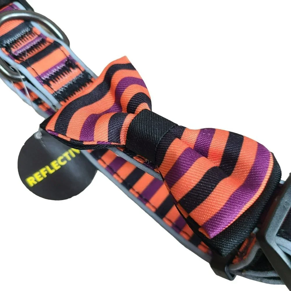Thrills & Chills Glow In The Dark Halloween Black & Orange Dog Collar Sz LG